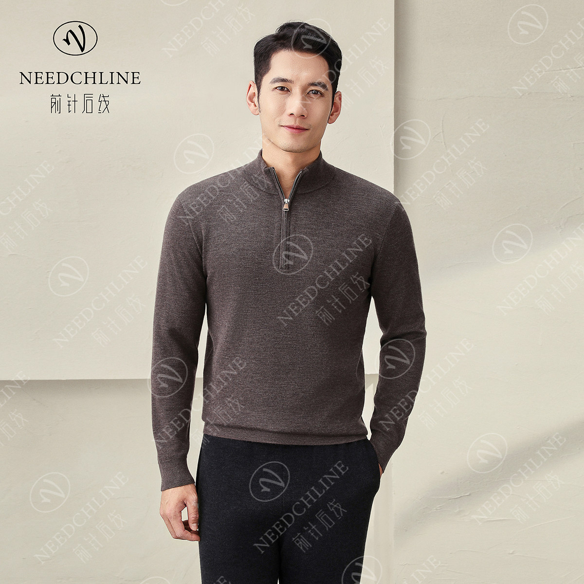 前针后线男士100%山羊绒半高领拉链加厚长袖男款秋冬保暖男装精纺
