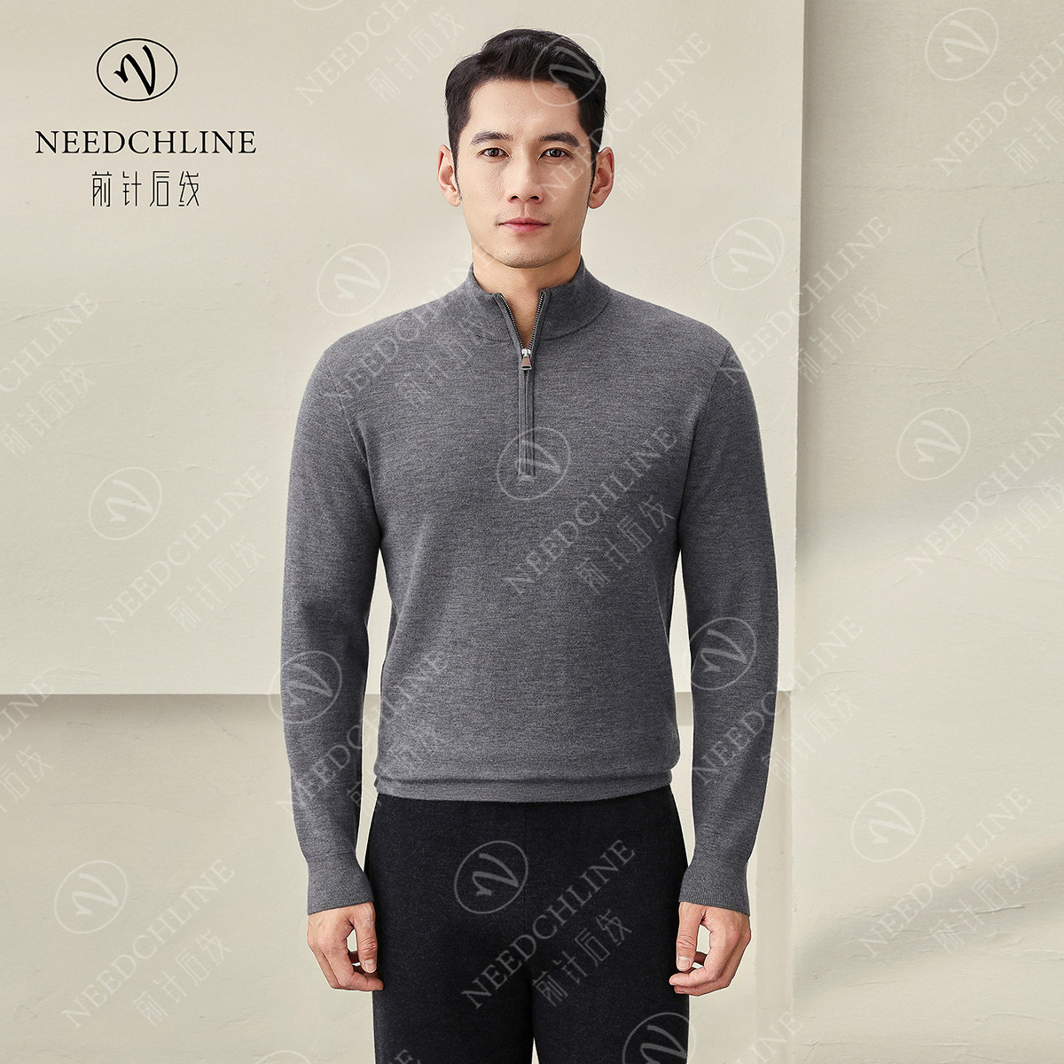 前针后线男士100%山羊绒半高领拉链加厚长袖男款秋冬保暖男装精纺