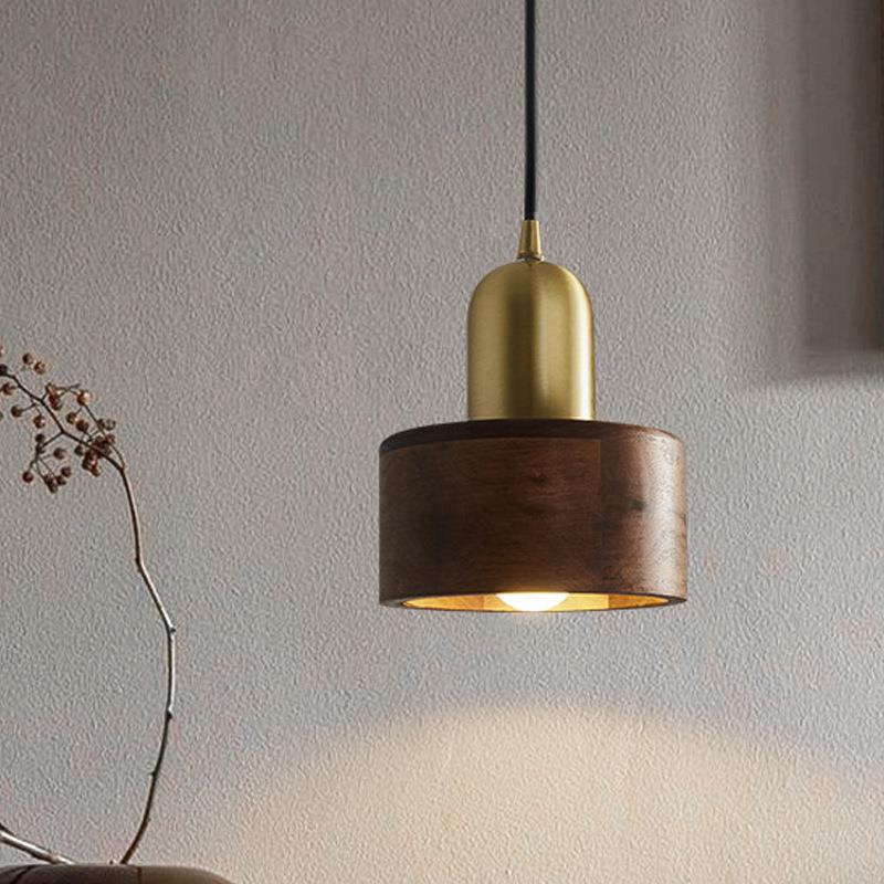 卧室床头吊灯创意复古实木餐厅灯黄铜胡桃木民宿吧台长线小吊灯