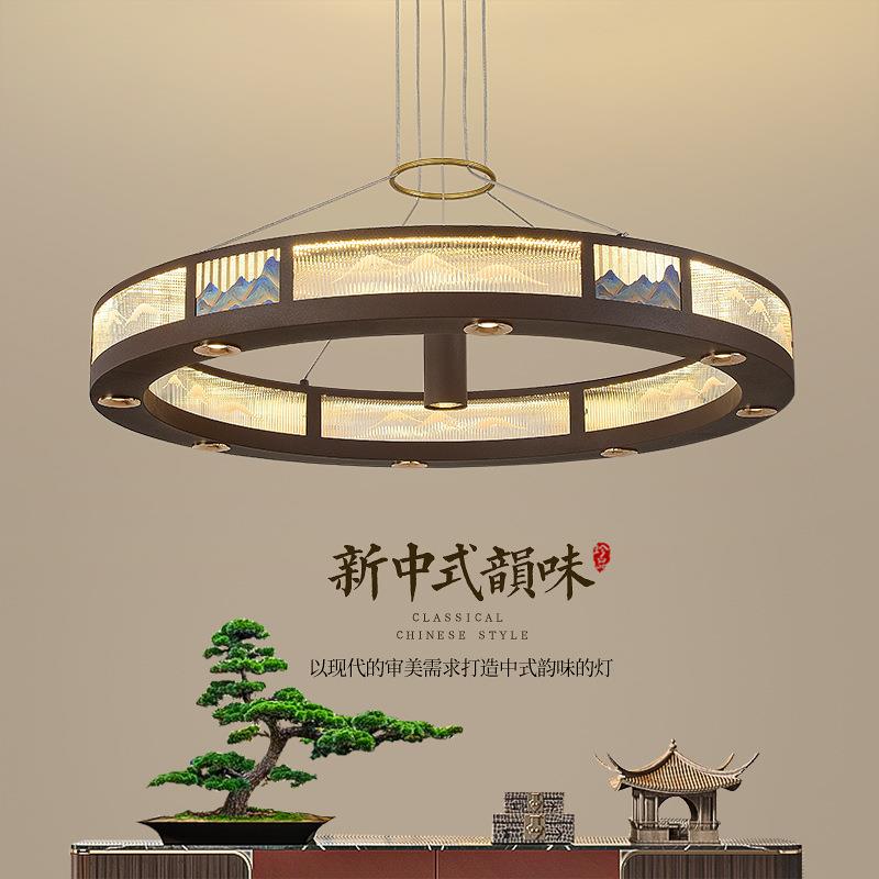 2025新中式客厅吊灯餐厅饭店包房别墅会所书房茶室LED圆形吊灯具