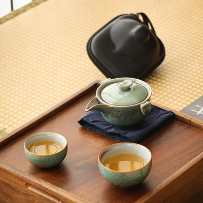 昶玖松石绿窑变快客杯日式旅行茶具一壶二杯便携式包小套装单人泡