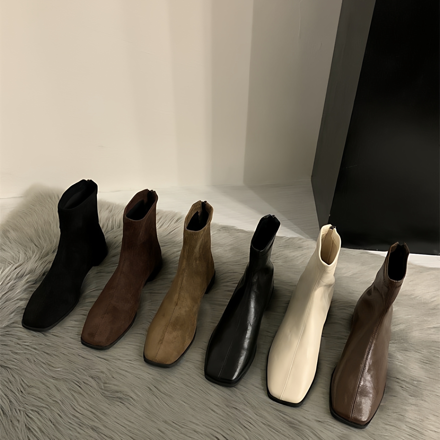 韩系小个子粗跟绒面韩系小踝靴女