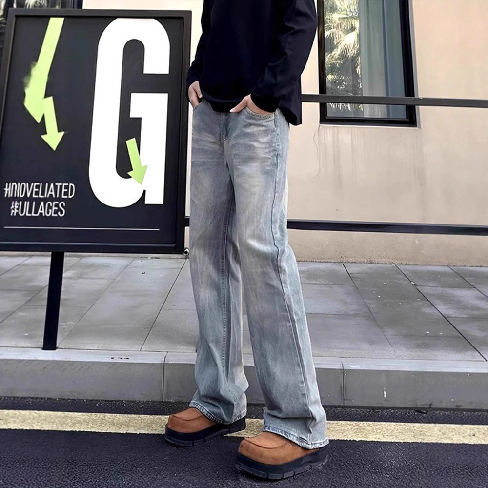 美式高街竹节纹微喇直筒牛仔裤男春夏cleanfit百搭拖地裤浅蓝色潮