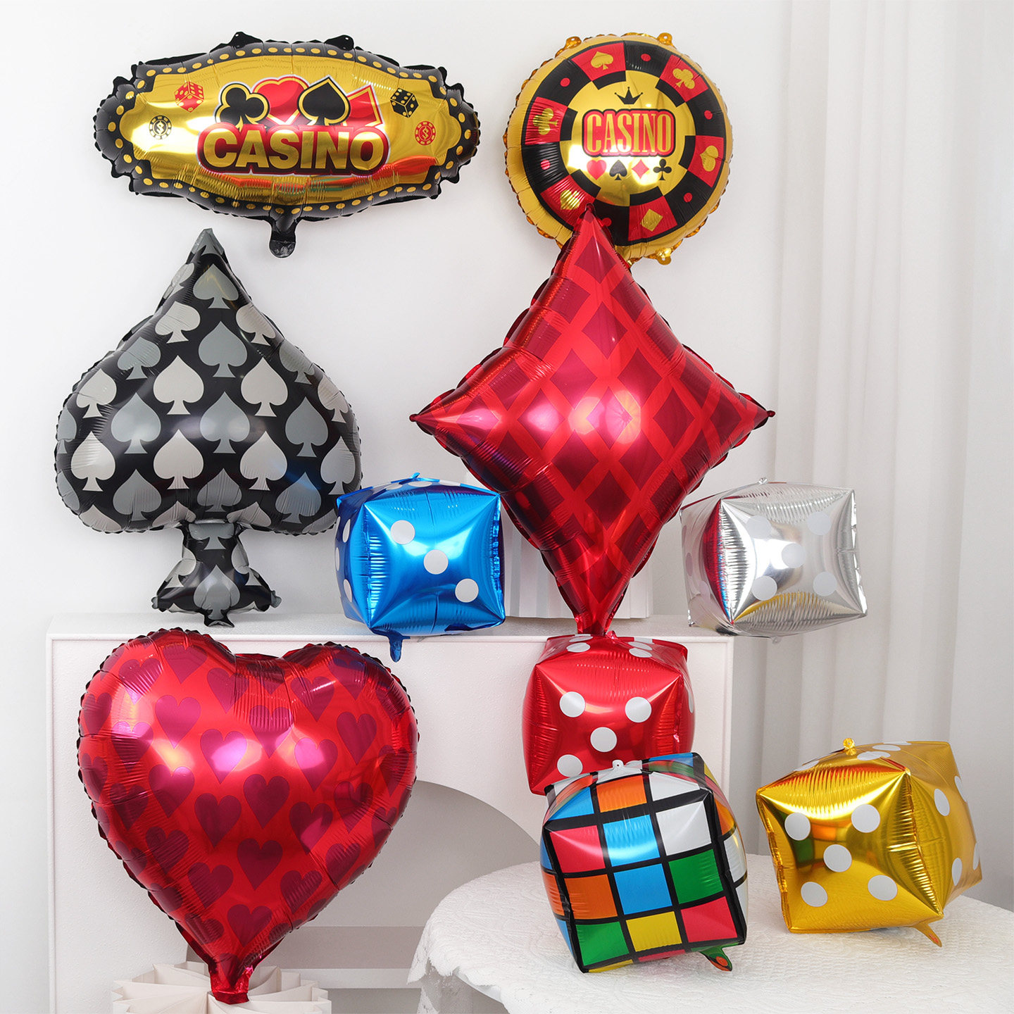 新款立体骰子扑克红桃梅花方块美元铝膜气球装饰KTV酒吧派对布置
