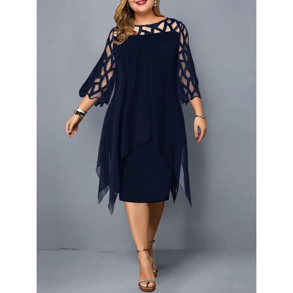 Hollow Large lace patchwork dress 潮大码蕾丝拼接七分袖连衣裙