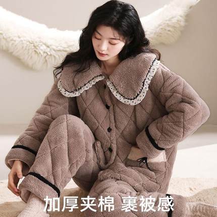 喜欢温暖珊瑚绒睡衣女秋冬季中老年妈妈装加绒加厚大码冬季家居服