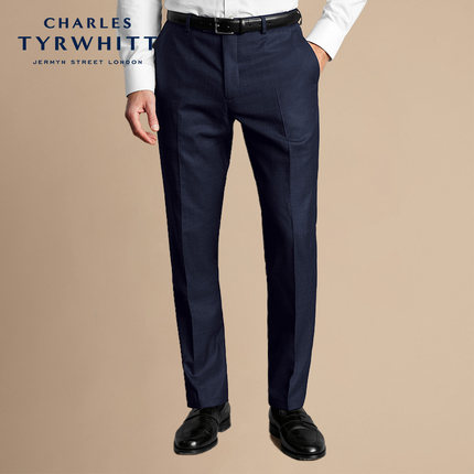CHARLES TYRWHITT修身版型海军蓝米通格纹理高端男士商务系列西裤