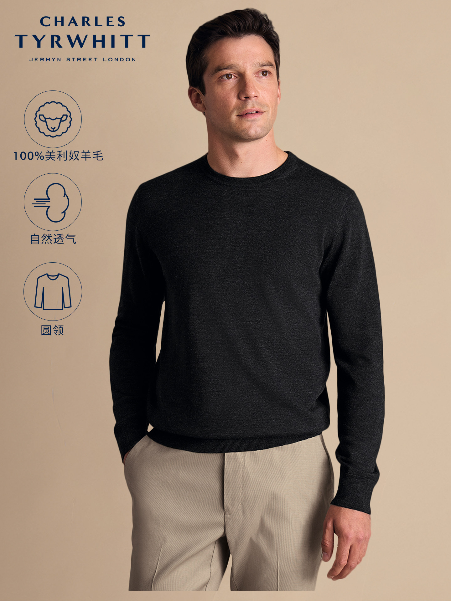 CHARLES TYRWHITT炭灰色美利奴羊毛圆领男士保暖针织衫