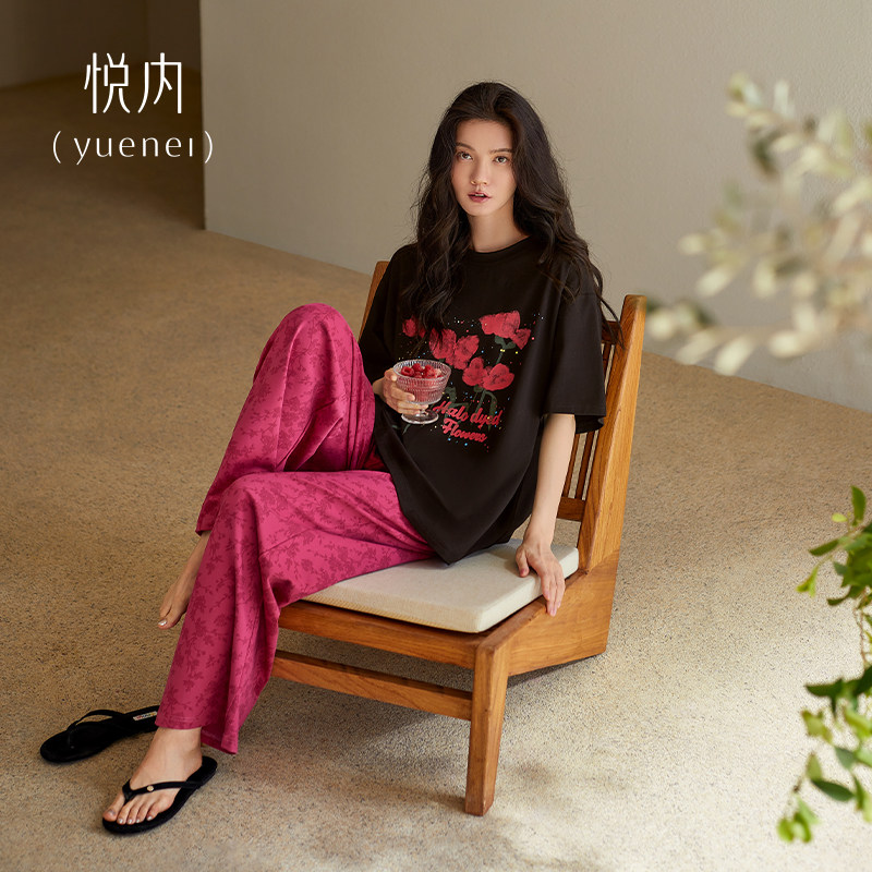 悦内睡衣女夏季纯棉短袖长裤家居服时尚休闲大码玫红色高级感套装