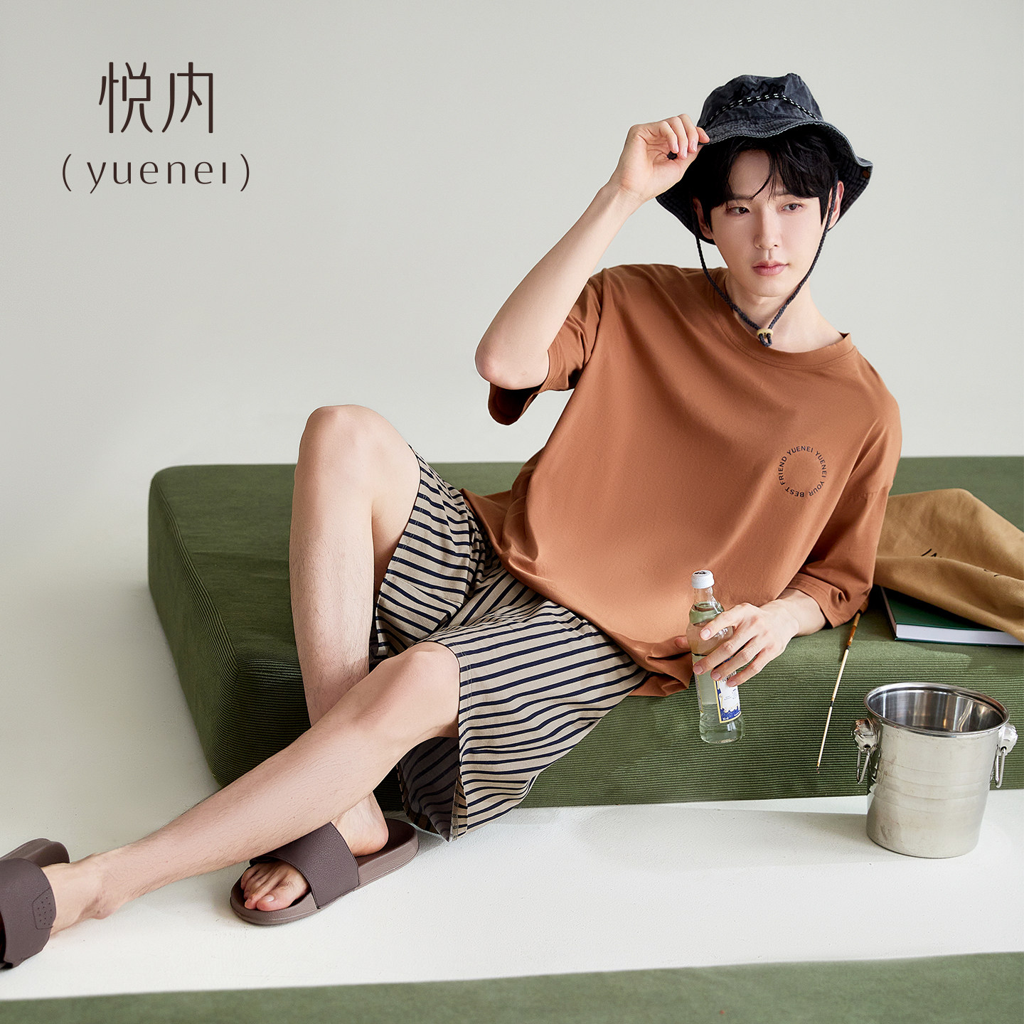 悦内睡衣男士夏季夏天薄款短袖短裤纯棉家居服休闲条纹套装可外穿