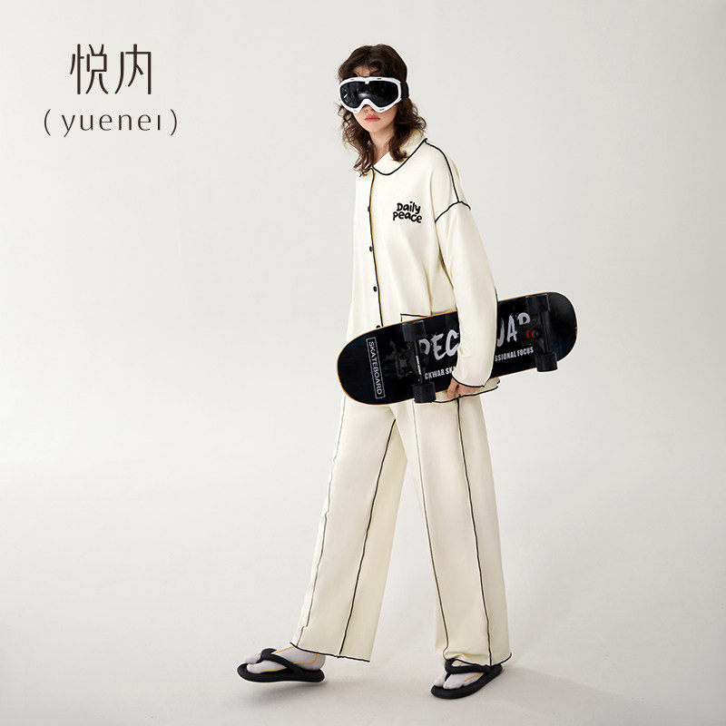 悦内睡衣女春秋款秋季纯棉长袖家居服宽松时尚休闲运动风白色套装,女士内衣/男士内衣/家居服,睡衣/家居服套装,淘宝优惠券,粉丝福利购,淘宝优惠卷