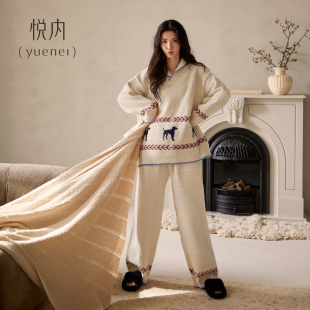 珊瑚绒家居服复古费尔岛可外穿保暖套装 悦内半边绒睡衣女款 秋冬季