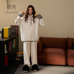 悦内半边绒睡衣女秋冬款 珊瑚绒加绒加厚冬天毛绒家居服可外穿 冬季