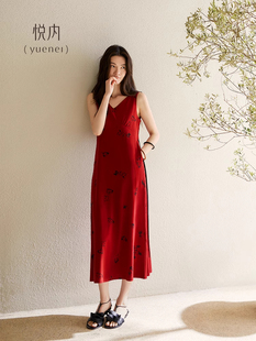 月内胸垫女式睡衣夏季夏季莫代尔无袖背心薄长裙红色