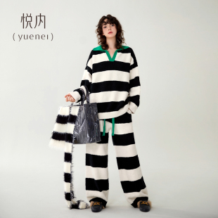 悦内半边绒睡衣女秋冬款 珊瑚绒加厚加绒保暖家居服条纹休闲可外穿