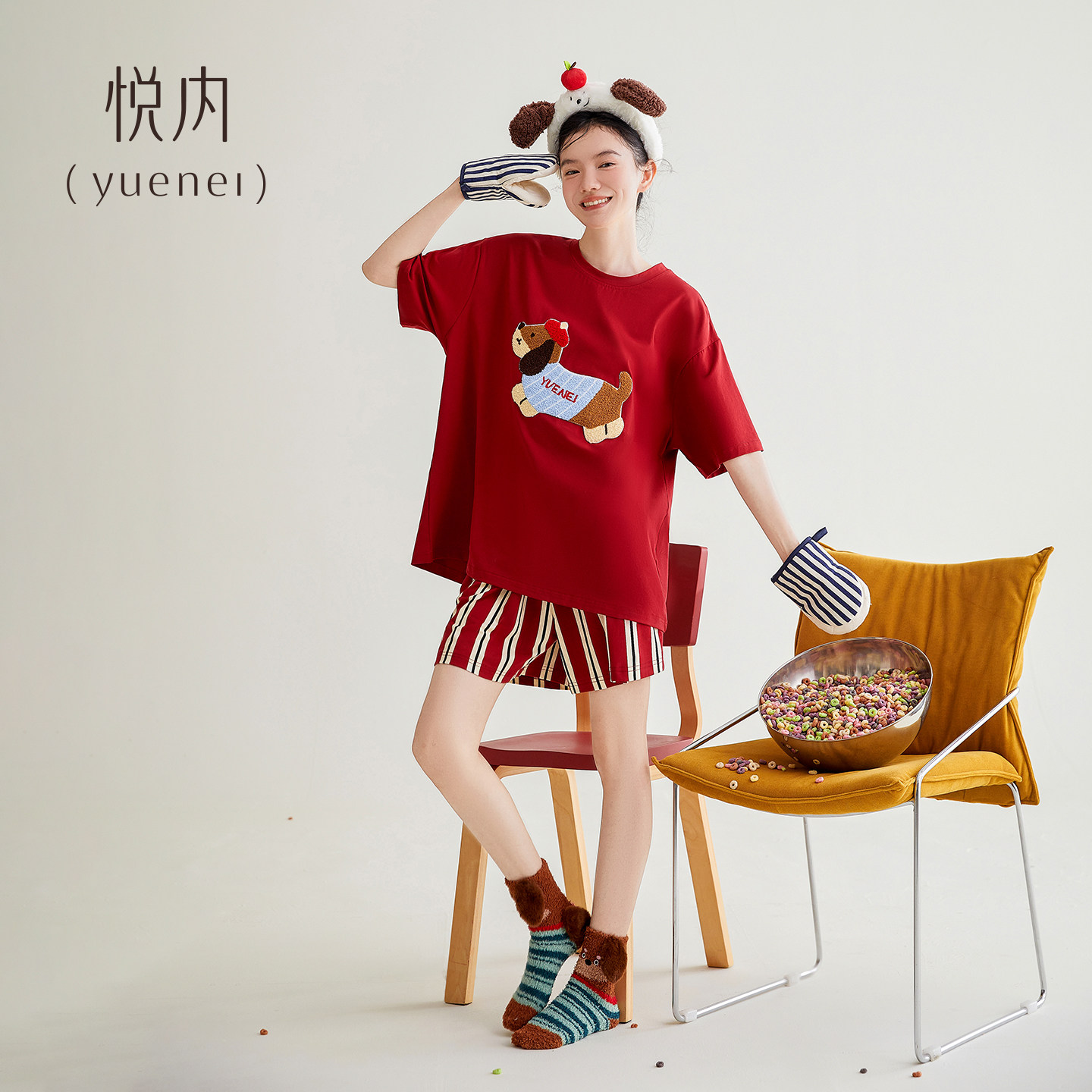 悦内大红色睡衣女士夏季夏天薄款短袖短裤本命年家居服套装可外穿
