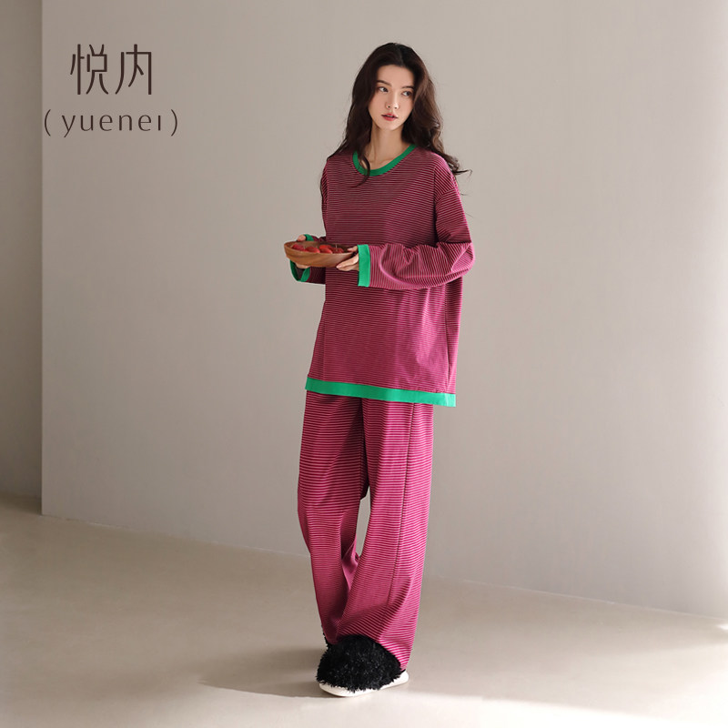 悦内睡衣女春秋款秋季纯棉长袖长裤家居服宽松大码条纹显白莓红色