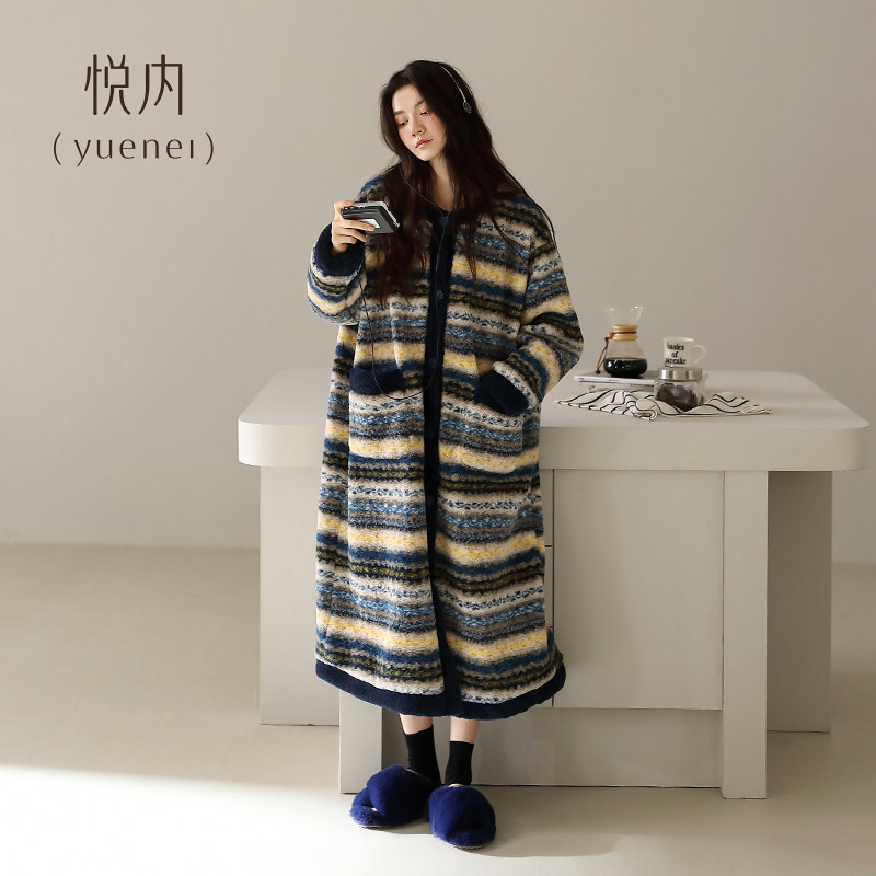 悦内睡裙女睡衣款冬季冬天法兰绒加绒加厚珊瑚绒中长款大码费尔岛