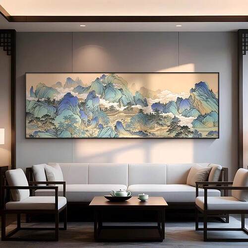 千里江山图茶室装饰画新
