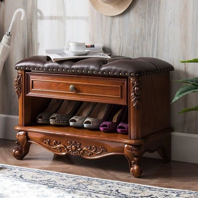 美式全实木换鞋凳进门口储物椅子收纳凳现代穿鞋凳凳子家用特价