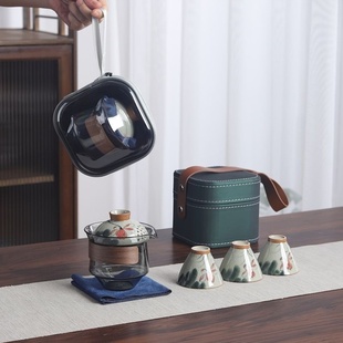 哥窑釉下手绘荷花斗笠杯旅行茶具便携套装家用户外一壶三杯快客杯