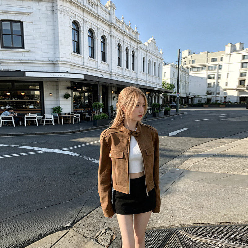 美拉德短款麂皮绒外套女小个子2026春秋新款复古高级感机车皮夹克