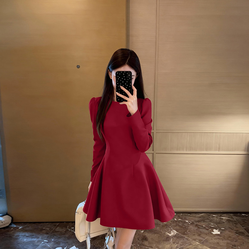 红色长袖连衣裙女早秋法式订婚礼服新娘敬酒服收腰显瘦红裙子短裙