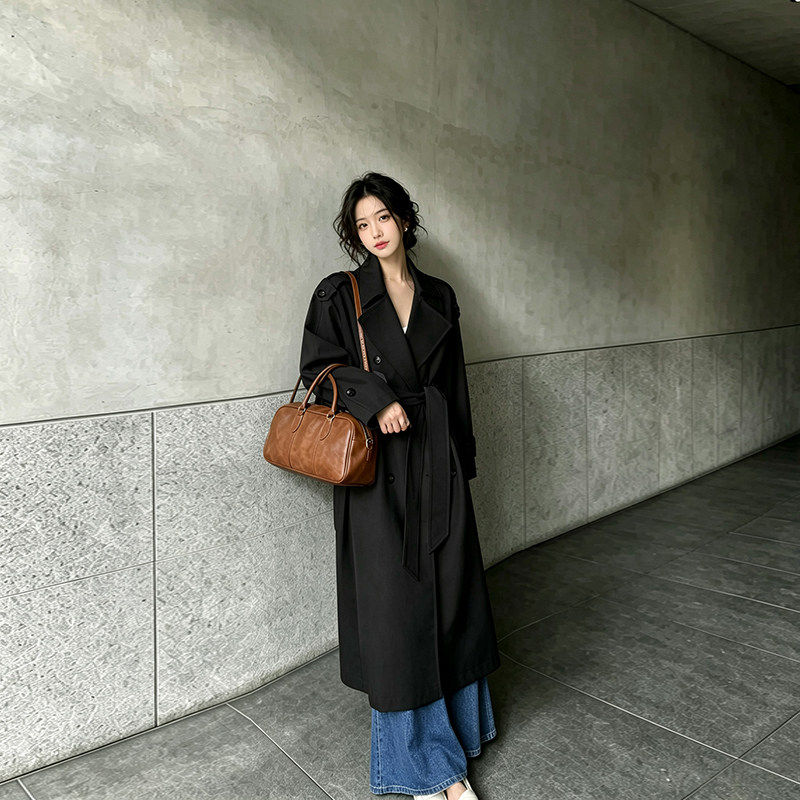 黑色风衣外套女2026新款春秋季小个子高级感中长款英伦风宽松大衣