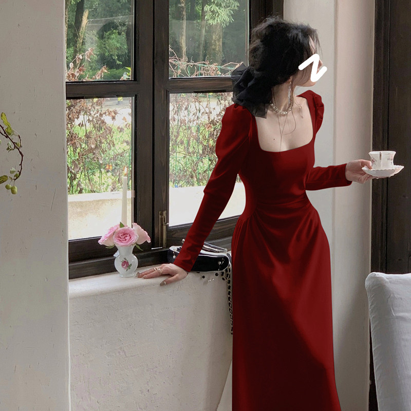 红色长袖连衣裙女春秋法式红裙子订婚礼服新娘敬酒服平时可穿长裙