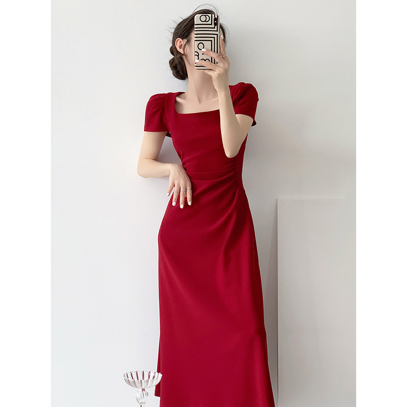 红色短袖连衣裙女夏季法式订婚礼服新娘敬酒服日常可穿红裙子长裙