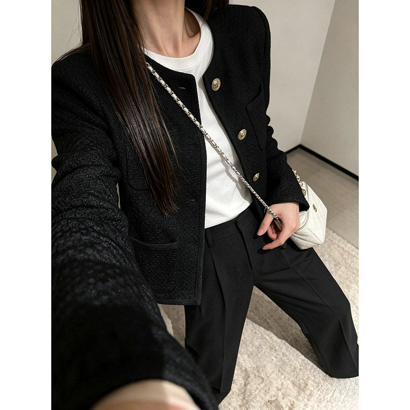 黑色小香风羽绒外套女春秋法式高级感小个子套装加厚羊毛短款上衣