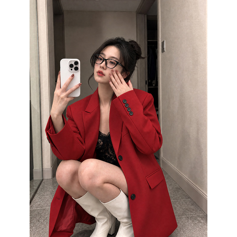 红色小西装外套女早春秋季2026新款小个子高级感韩系短款休闲西服