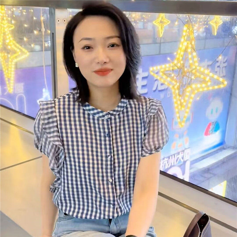 法式圆领短袖格子衬衫女2025夏季新款高级感时尚百搭雪纺小衫上衣