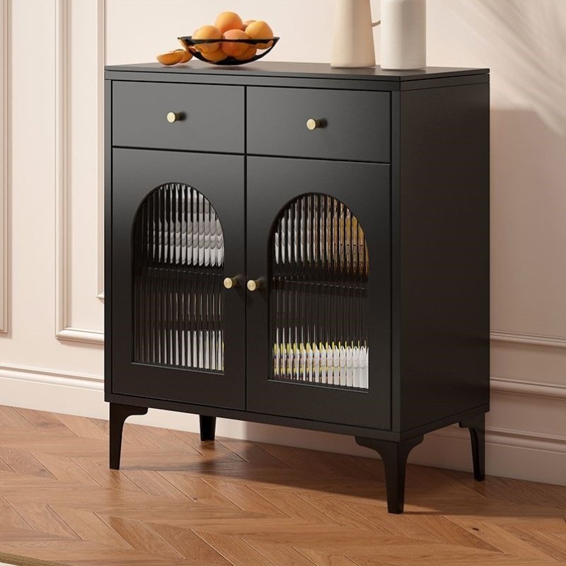 岩板餐边柜简约现代置物柜客厅茶水酒柜复古玄关柜侘寂风黑色柜子