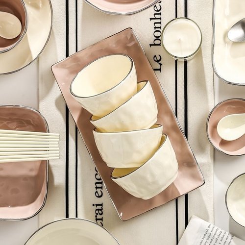 奶黄奶咖碗碟套装家用高颜值奶油风餐具乔迁陶瓷饭碗碗筷轻奢餐具