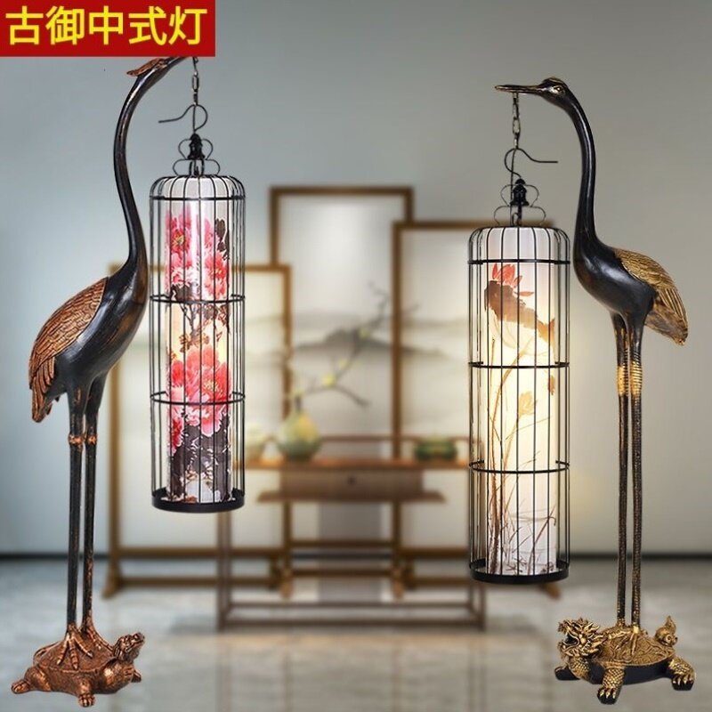 仙鹤落地灯新中式仿古客厅书房摆件创意茶楼酒店龟鹤延年立式灯具
