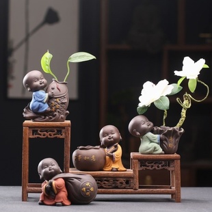 新中式 禅意小和尚摆件紫砂精品茶宠家居花器水培花瓶可养茶具配件