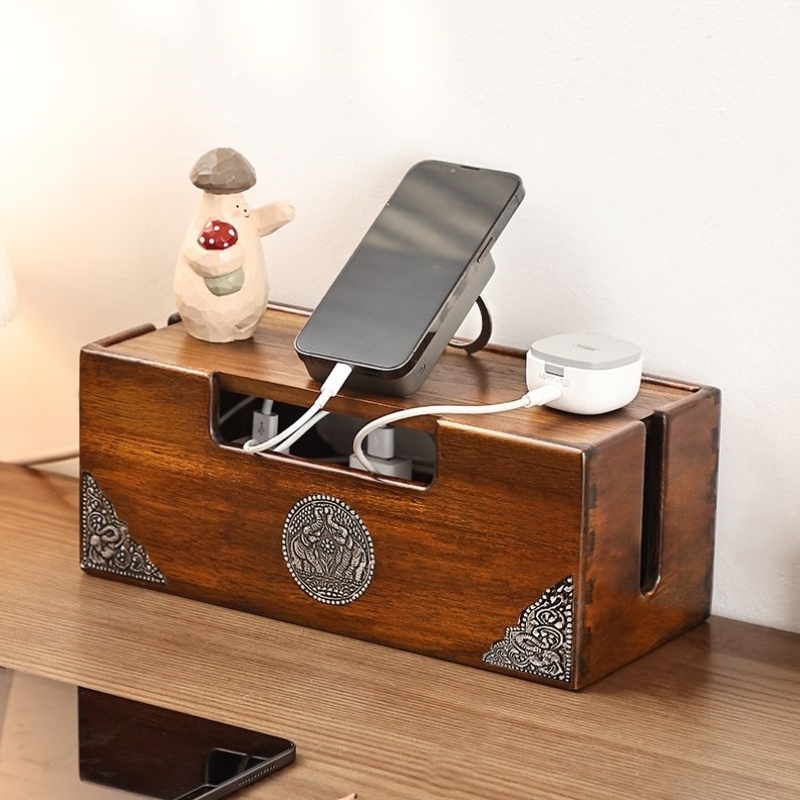 实木电线收纳盒电源插座排插外露遮丑盒子桌面集线盒路由器理线盒