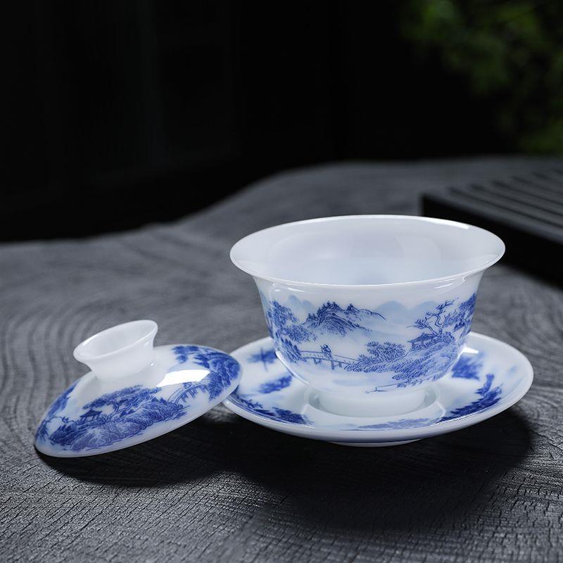 手绘山水冰种玉瓷泡茶盖