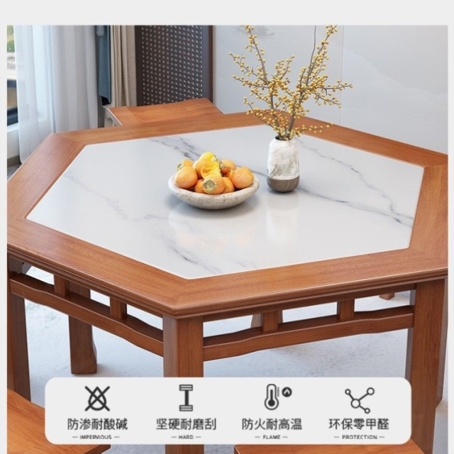 实木岩板餐桌六边形桌椅组合饭店餐馆茶楼新中式饭桌面馆六角桌子
