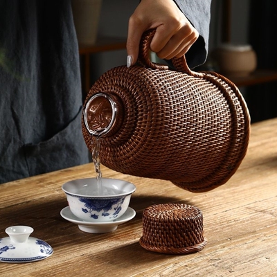 老式藤编热水瓶怀旧竹编暖水壶复古保温开水瓶民宿家用小玻璃内胆