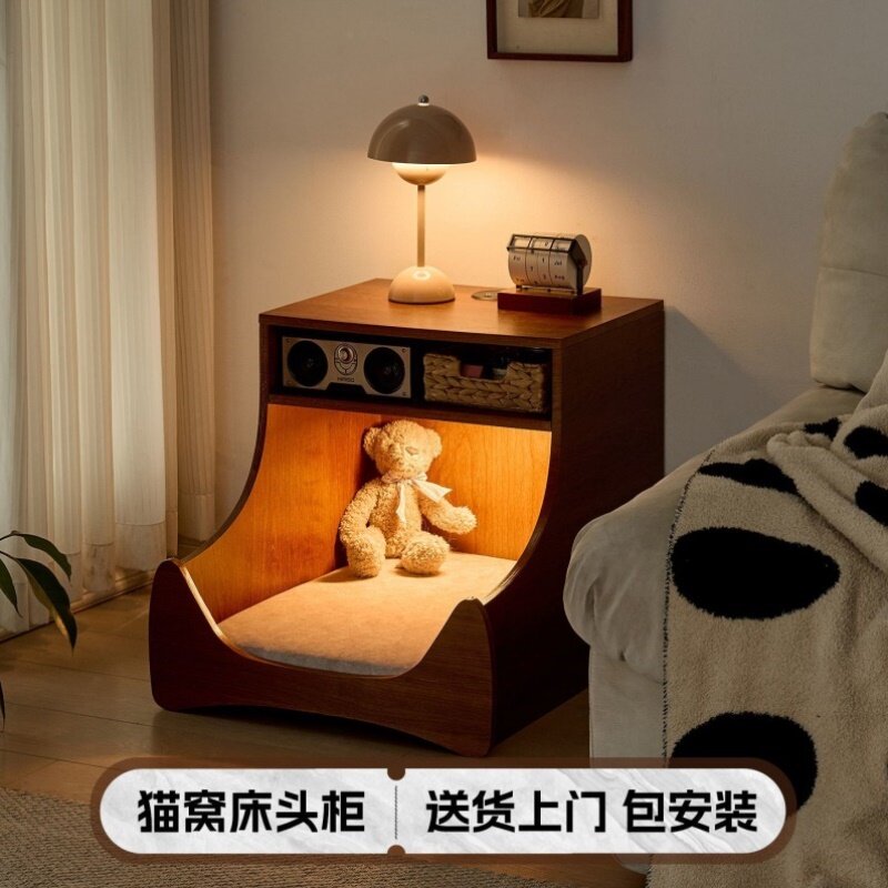 床头柜家用卧室无线充电感应灯储物柜猫狗窝人宠一体床边柜包安装