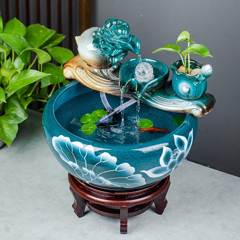景德镇陶瓷鱼缸客厅喷泉
