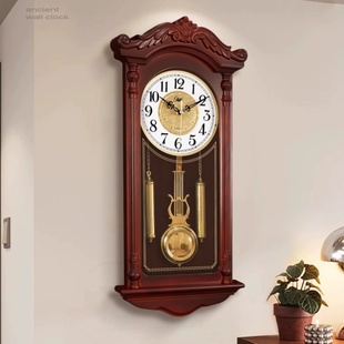 中式复古老式挂钟客厅家用仿实木石英钟欧式创意静音挂墙壁时钟表