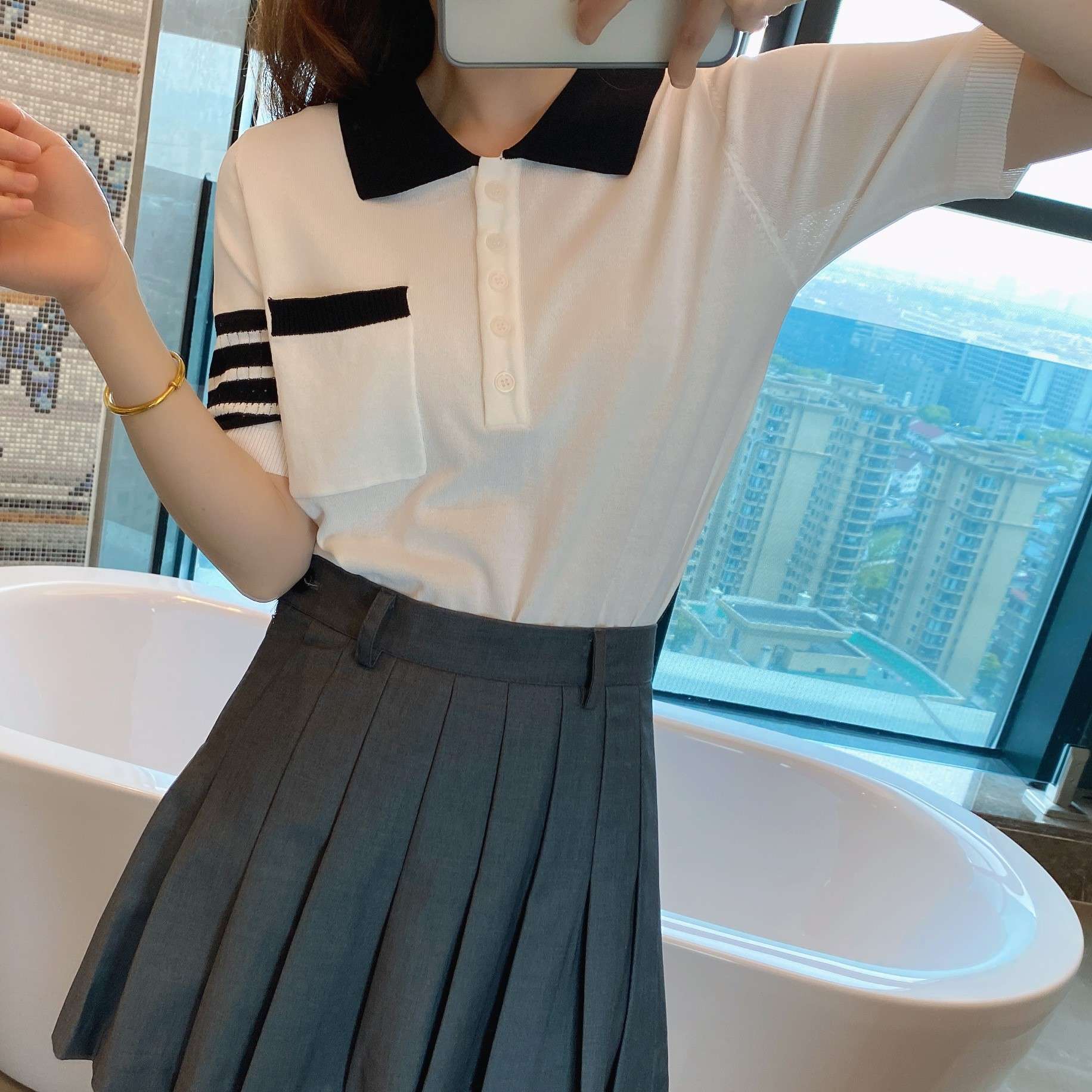 学院风针织衫女小狗提花冰丝T恤polo领套头薄款夏季短袖上衣ins