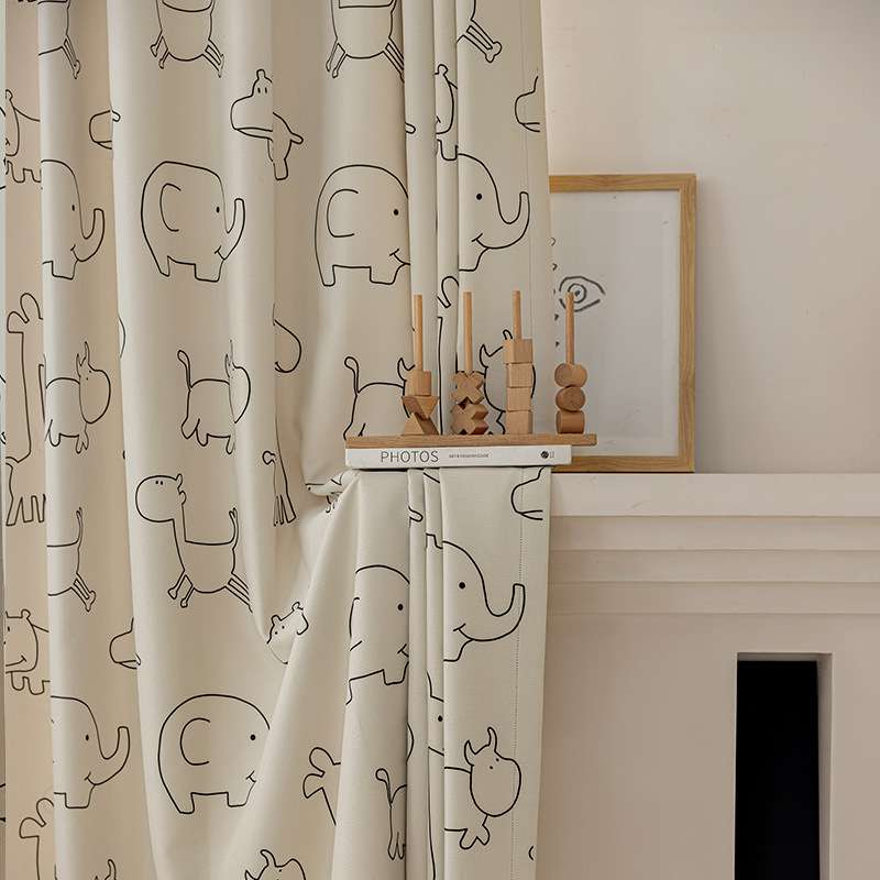 新款棉麻遮光粉色蓝色印花儿童房卡通窗帘布男孩女孩卧室飘窗