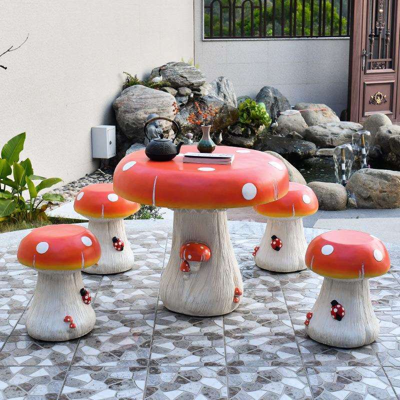 户外人造石桌椅露天阳台庭院商场幼儿园卡通园林蘑菇桌子落地摆件