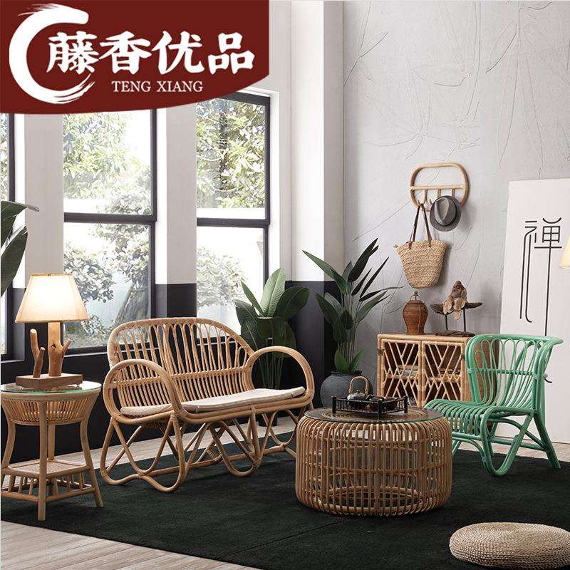 东南亚藤编室内民宿天然真藤艺术家具客栈简约双人阳台休闲沙发