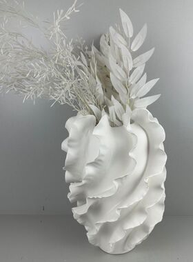 简约现代艺术白色砖色千层花器摆件样板间客厅玄关波浪纹花瓶装饰