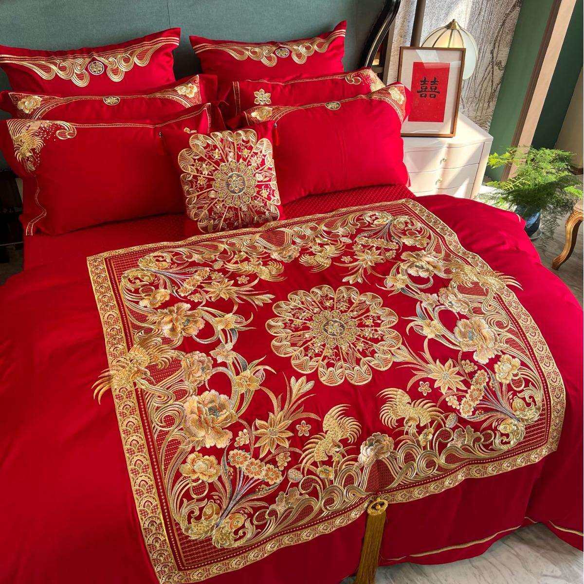 中式婚庆家纺红色四件套100支长绒棉刺绣十件套结婚床上用品陪嫁